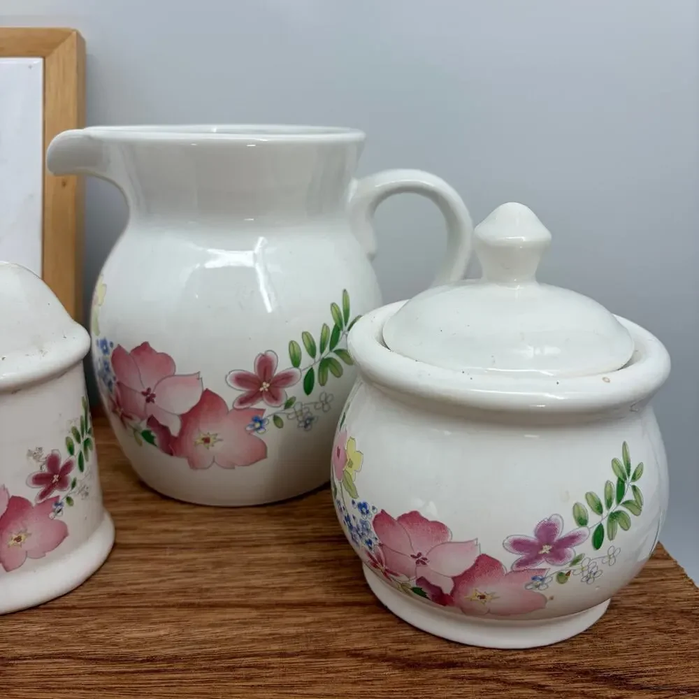 Vintage Ceramic 6-Piece Dish Floral Salt Pepper Shaker, Cream, Trivet, Sugar Set